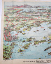 Load image into Gallery viewer, Antique bird's-eye view of part of Casco Bay in Maine with chromolithograph colors in blues, greens, reds, and purples. Red lines show the train routes. Black lines show ferry routes. Portland is on the left side and Mount Washington is in the distance. The islands of Casco Bay are in the foreground.

