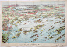 Load image into Gallery viewer, Antique bird's-eye view of part of Casco Bay in Maine with chromolithograph colors in blues, greens, reds, and purples. Red lines show the train routes. Black lines show ferry routes. Portland is on the left side and Mount Washington is in the distance. The islands of Casco Bay are in the foreground.
