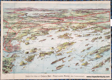 Load image into Gallery viewer, Antique bird&#39;s-eye view of part of Casco Bay in Maine with chromolithograph colors in blues, greens, reds, and purples. Red lines show the train routes. Black lines show ferry routes. Portland is on the left side and Mount Washington is in the distance. The islands of Casco Bay are in the foreground.
