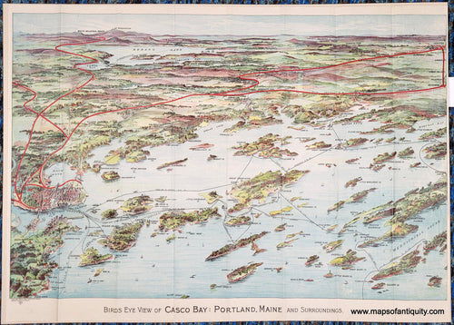 Antique bird's-eye view of part of Casco Bay in Maine with chromolithograph colors in blues, greens, reds, and purples. Red lines show the train routes. Black lines show ferry routes. Portland is on the left side and Mount Washington is in the distance. The islands of Casco Bay are in the foreground.