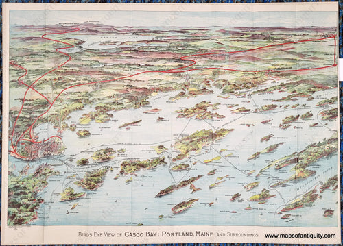 Antique bird's-eye view of part of Casco Bay in Maine with chromolithograph colors in blues, greens, reds, and purples. Red lines show the train routes. Black lines show ferry routes. Portland is on the left side and Mount Washington is in the distance. The islands of Casco Bay are in the foreground.