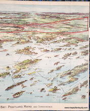 Load image into Gallery viewer, Antique bird&#39;s-eye view of part of Casco Bay in Maine with chromolithograph colors in blues, greens, reds, and purples. Red lines show the train routes. Black lines show ferry routes. Portland is on the left side and Mount Washington is in the distance. The islands of Casco Bay are in the foreground.
