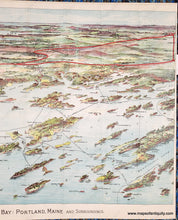 Load image into Gallery viewer, Antique bird&#39;s-eye view of part of Casco Bay in Maine with chromolithograph colors in blues, greens, reds, and purples. Red lines show the train routes. Black lines show ferry routes. Portland is on the left side and Mount Washington is in the distance. The islands of Casco Bay are in the foreground.
