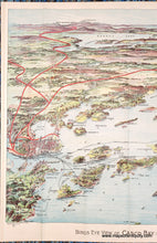 Load image into Gallery viewer, Antique bird&#39;s-eye view of part of Casco Bay in Maine with chromolithograph colors in blues, greens, reds, and purples. Red lines show the train routes. Black lines show ferry routes. Portland is on the left side and Mount Washington is in the distance. The islands of Casco Bay are in the foreground.
