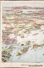 Load image into Gallery viewer, Antique bird&#39;s-eye view of part of Casco Bay in Maine with chromolithograph colors in blues, greens, reds, and purples. Red lines show the train routes. Black lines show ferry routes. Portland is on the left side and Mount Washington is in the distance. The islands of Casco Bay are in the foreground.
