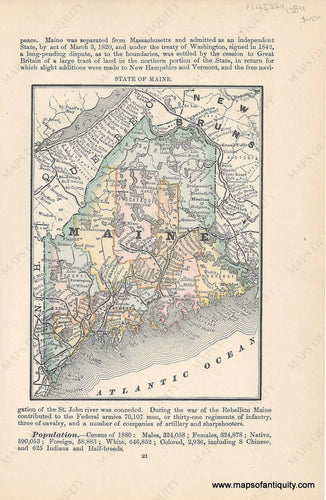 Genuine Antique Map-State of Maine-1884-Rand McNally & Co-Maps-Of-Antiquity