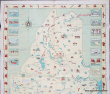 Load image into Gallery viewer, Vintage map of Maine with illustrations in antique tones of yellow, green, blue, and red
