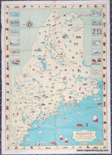 Load image into Gallery viewer, Vintage map of Maine with illustrations in antique tones of yellow, green, blue, and red
