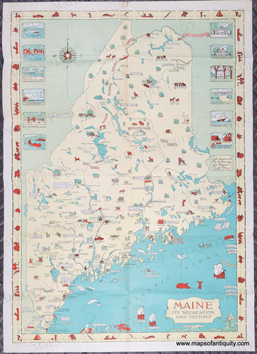 Vintage map of Maine with illustrations in antique tones of yellow, green, blue, and red