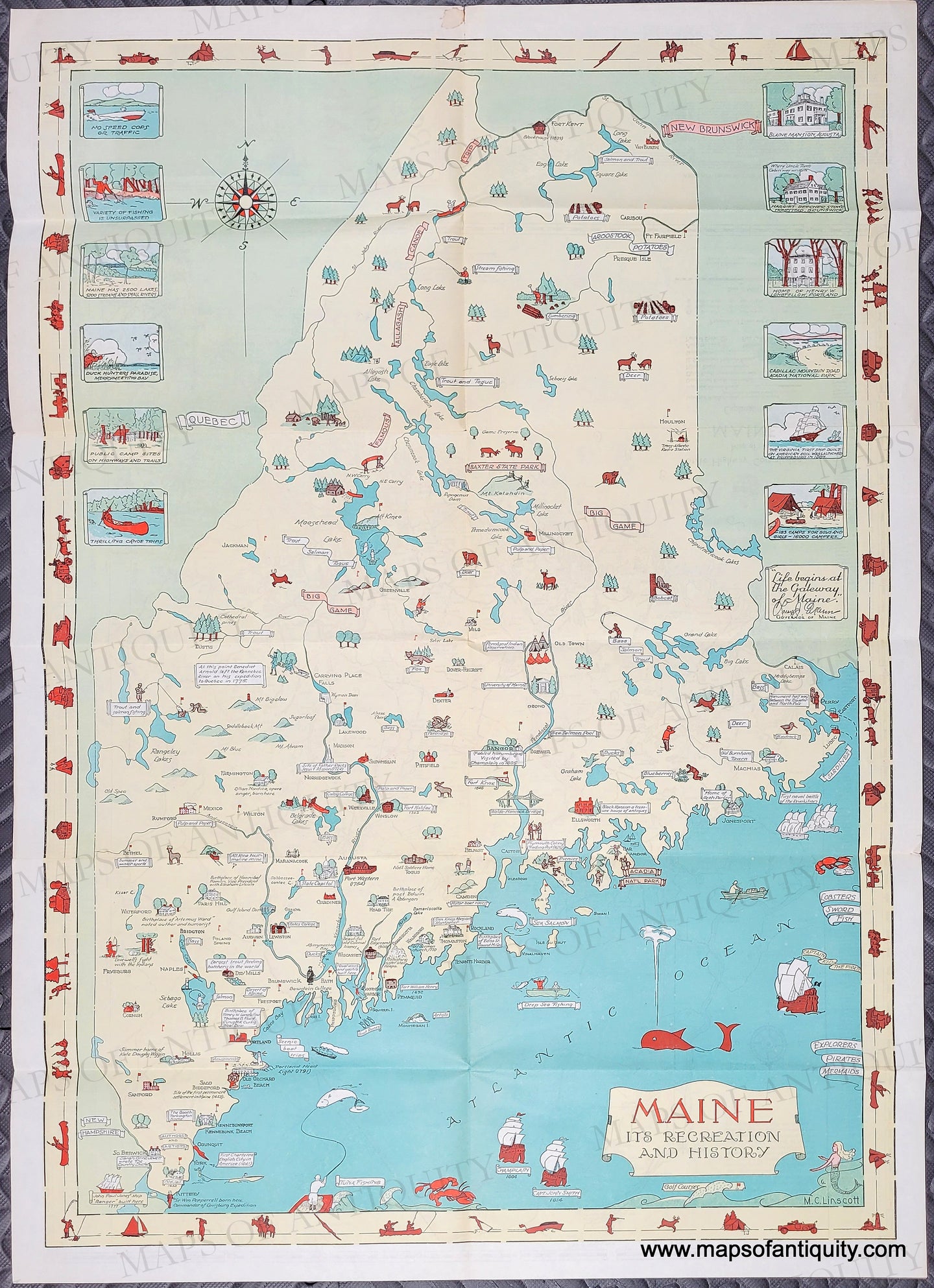 Vintage map of Maine with illustrations in antique tones of yellow, green, blue, and red