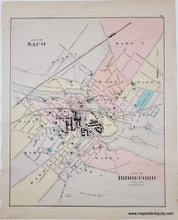 Load image into Gallery viewer, Antique map of the City of Saco and City of Biddeford, Maine in original colors of yellow, orange, red/pink, purple, green
