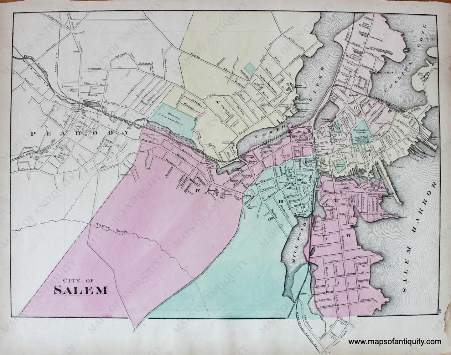 Hand-colored--City-of-Salem.-(MA)-Massachusetts-Essex-County-1871-Walling-and-Gray-Maps-Of-Antiquity