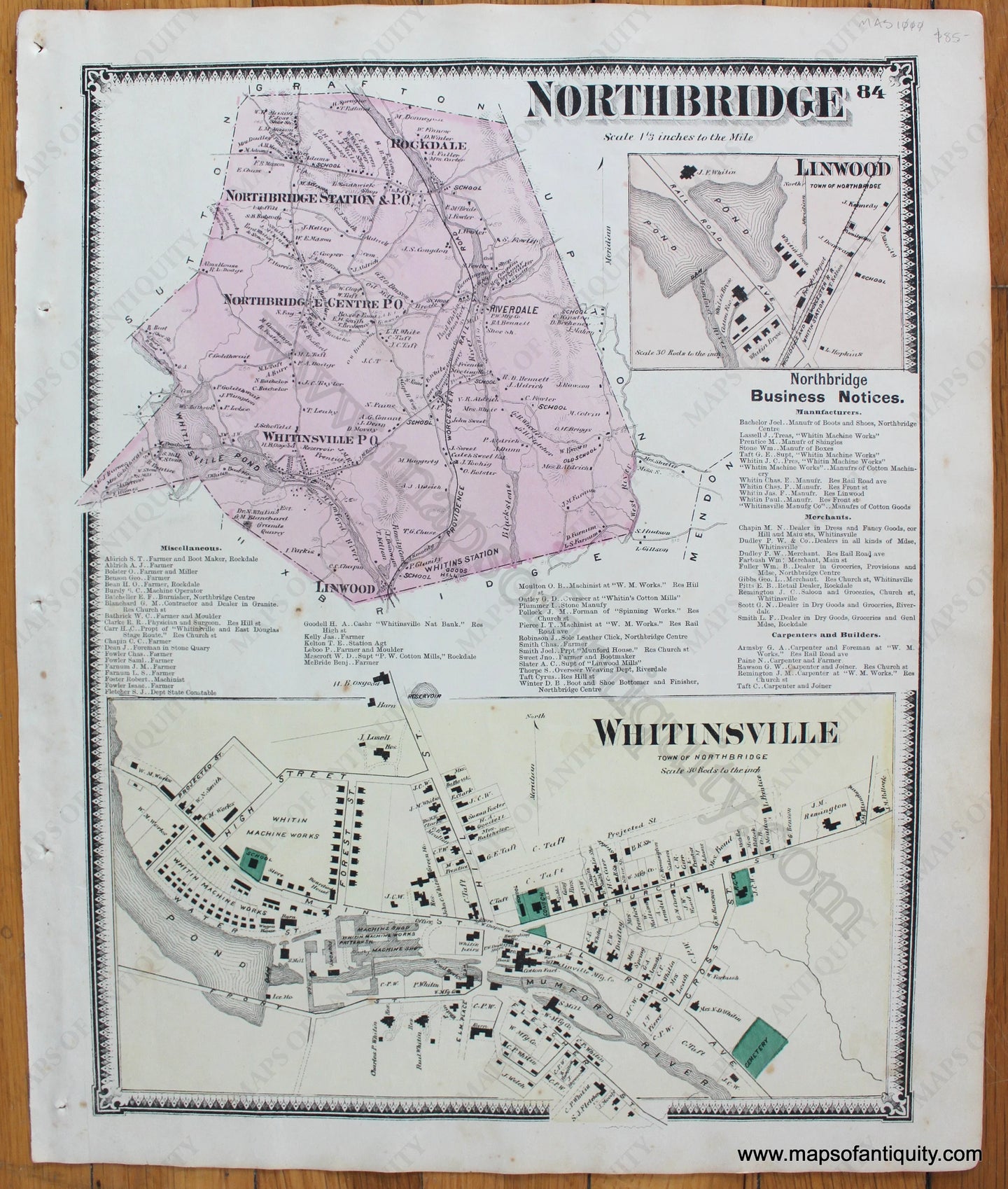 Antique-Map-Northbridge-Whitinsville-p.-84-MA-Mass.-Massachusetts-Beers-1870-1800s-19th-century