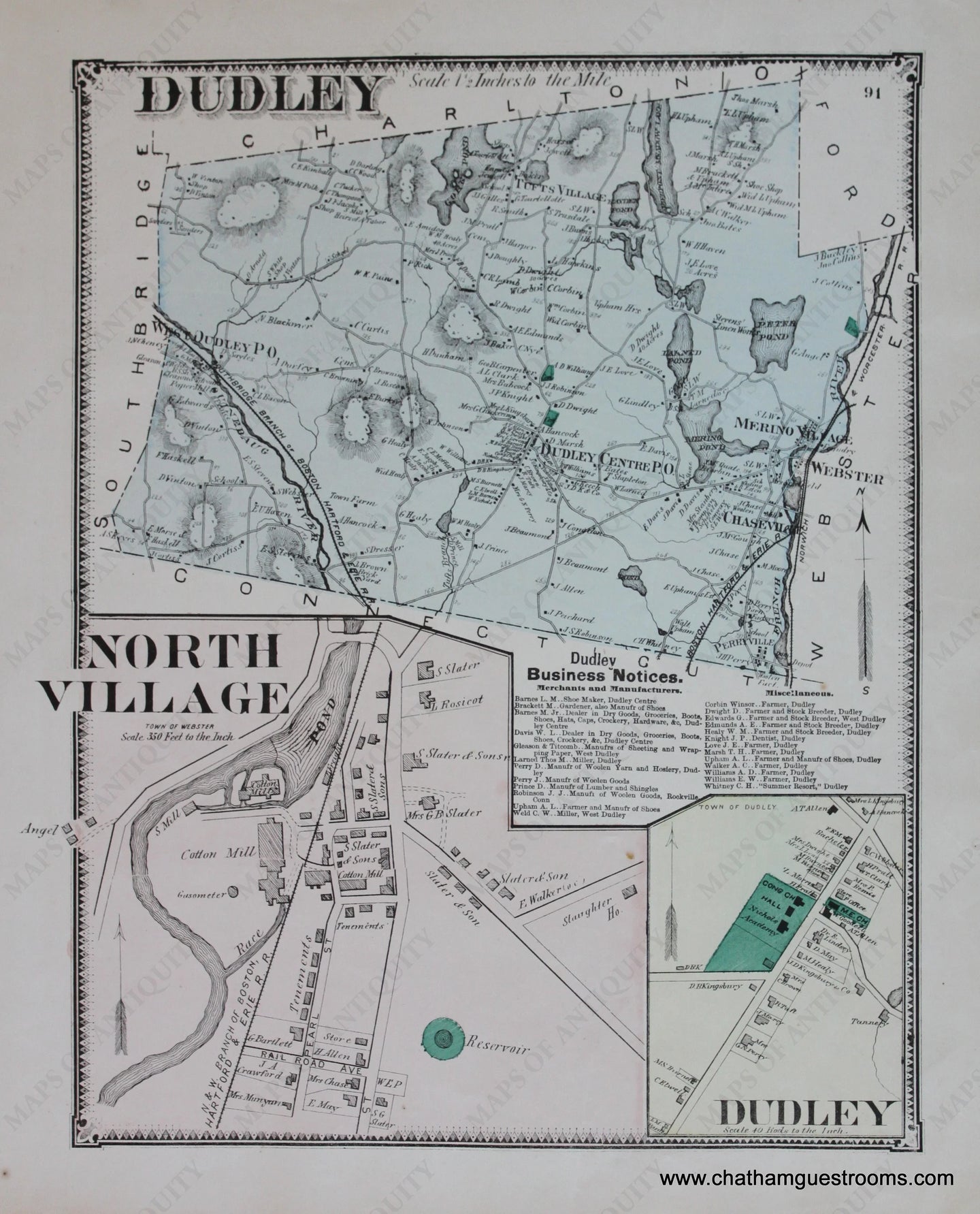 Antique-Hand-Colored-Map-Dudley-North-Village-p.-91-(MA)-Massachusetts-Worcester-County-1870-Beers-Maps-Of-Antiquity