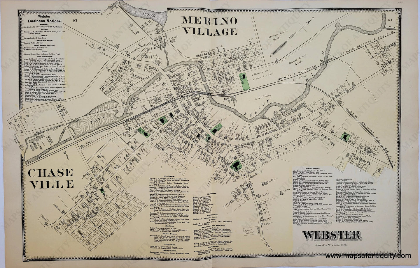 1870 - Webster Merino Village Chaseville Pp. 93-94 (Ma) Antique Map Genuine Hand-Colored