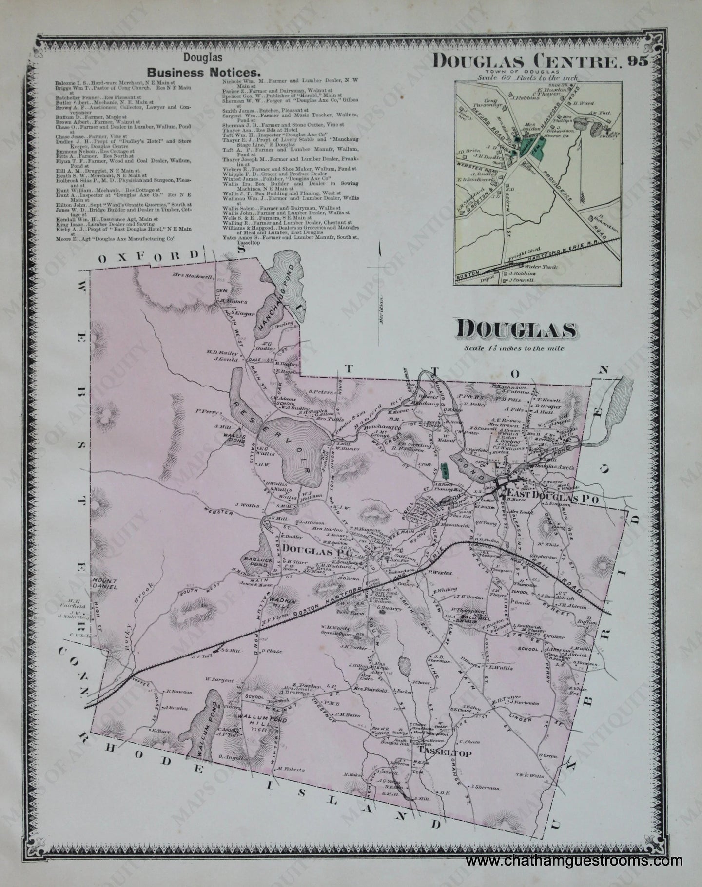 Antique-Hand-Colored-Map-Douglas-Douglas-Centre-p.-95-(MA)-Massachusetts-Worcester-County-1870-Beers-Maps-Of-Antiquity