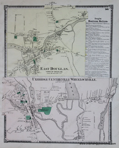 Antique-Hand-Colored-Map-East-Douglas-Uxbridge-Centreville-Wheelockville-p.-96-(MA)-Massachusetts-Worcester-County-1870-Beers-Maps-Of-Antiquity