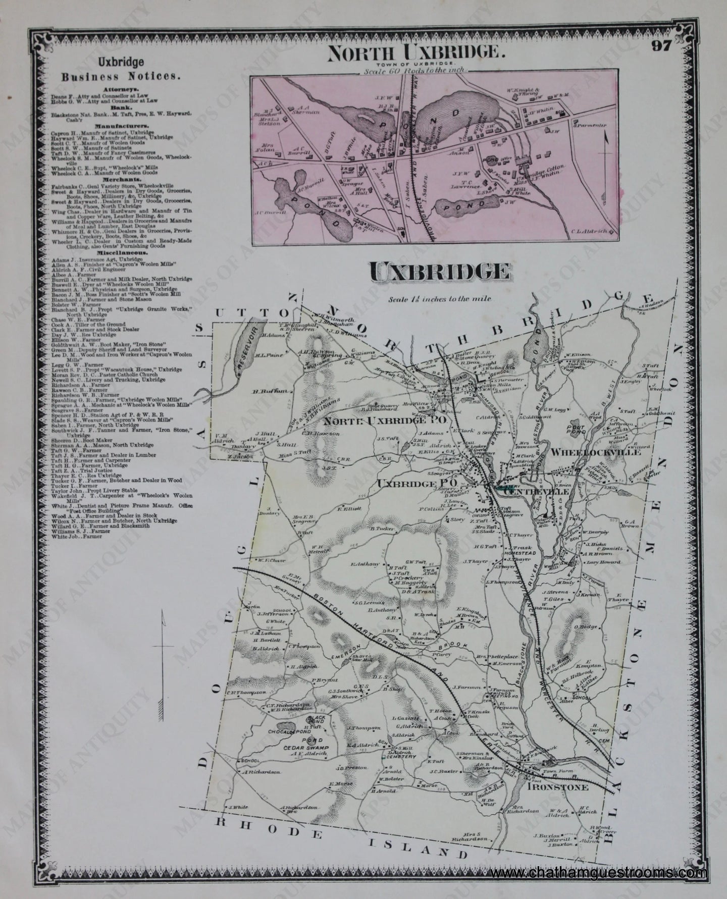 Antique-Hand-Colored-Map-Uxbridge-North-Uxbridge-p.-97-(MA)-Massachusetts-Worcester-County-1870-Beers-Maps-Of-Antiquity