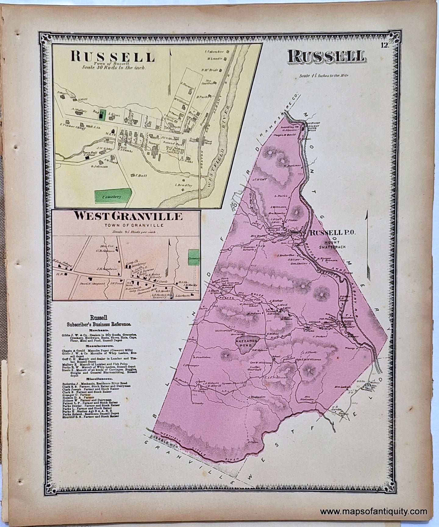 Antique-Hand-Colored-Map-Russell-West-Granville-p.-12-(MA)-Massachusetts-Hampden-County-1870-Beers-Ellis-and-Soule-Maps-Of-Antiquity