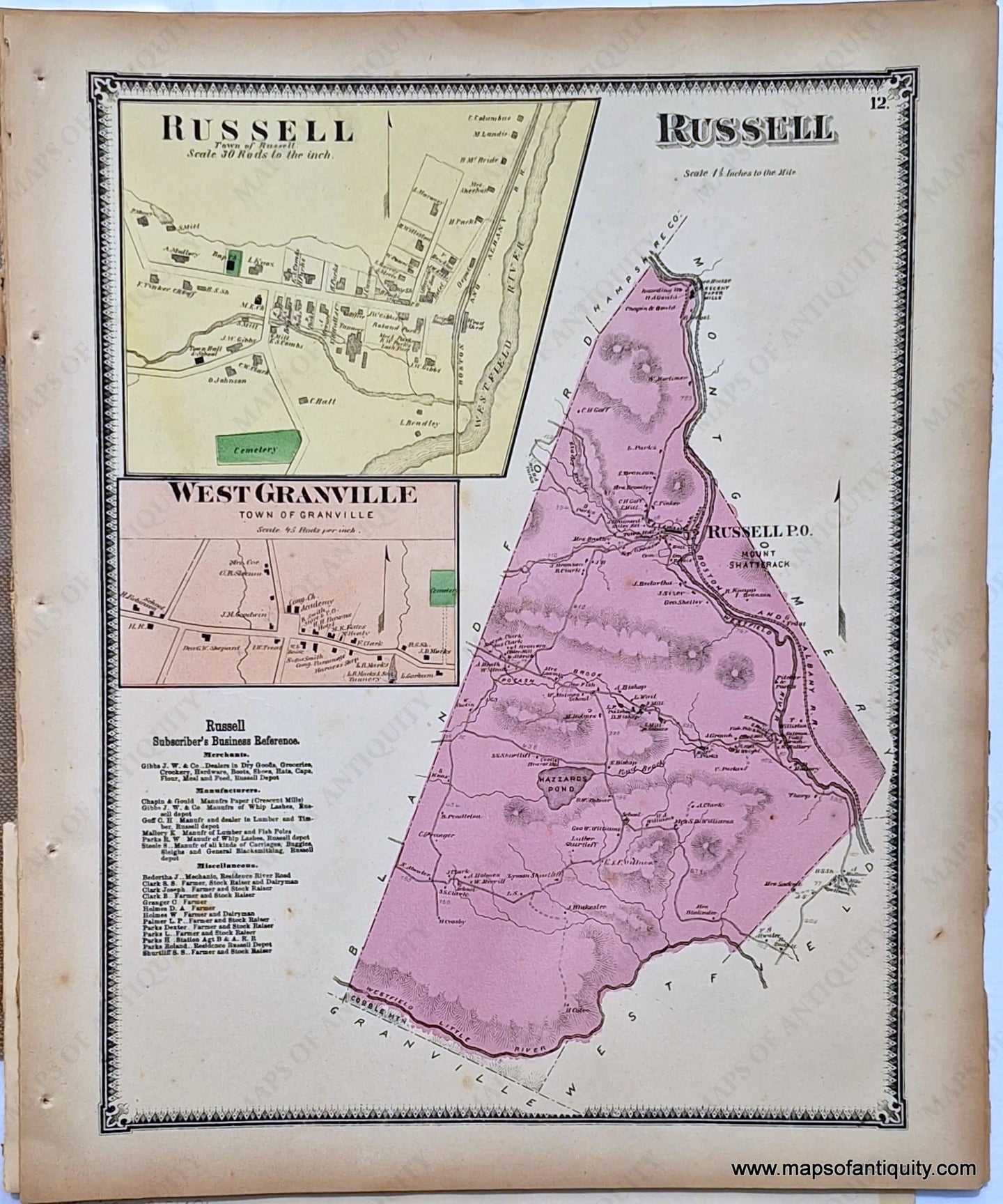 Antique-Hand-Colored-Map-Russell-West-Granville-p.-12-(MA)-Massachusetts-Hampden-County-1870-Beers-Ellis-and-Soule-Maps-Of-Antiquity