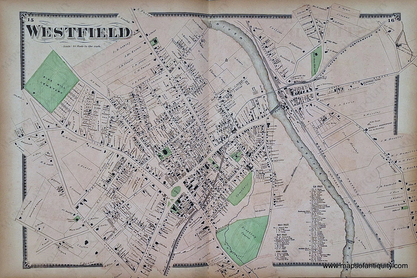 Antique-Hand-Colored-Map-Westfield-pp.-15-16-(MA)-Massachusetts-Hampden-County-1870-Beers-Ellis-and-Soule-Maps-Of-Antiquity