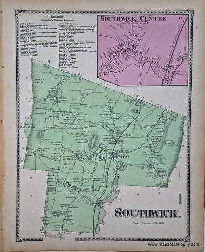 Antique-Hand-Colored-Map-Southwick-with-inset-of-Southwick-Center-(MA)-Massachusetts-Hampden-County-1870-Beers-Ellis-and-Soule-Maps-Of-Antiquity