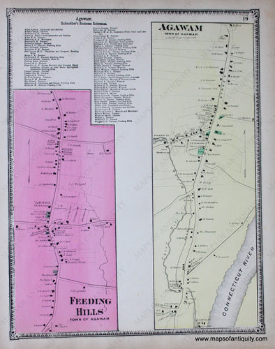 Antique-Hand-Colored-Map-Agawam-Feeding-Hills-p.-19-(MA)-Massachusetts-Hampden-County-1870-Beers-Ellis-and-Soule-Maps-Of-Antiquity