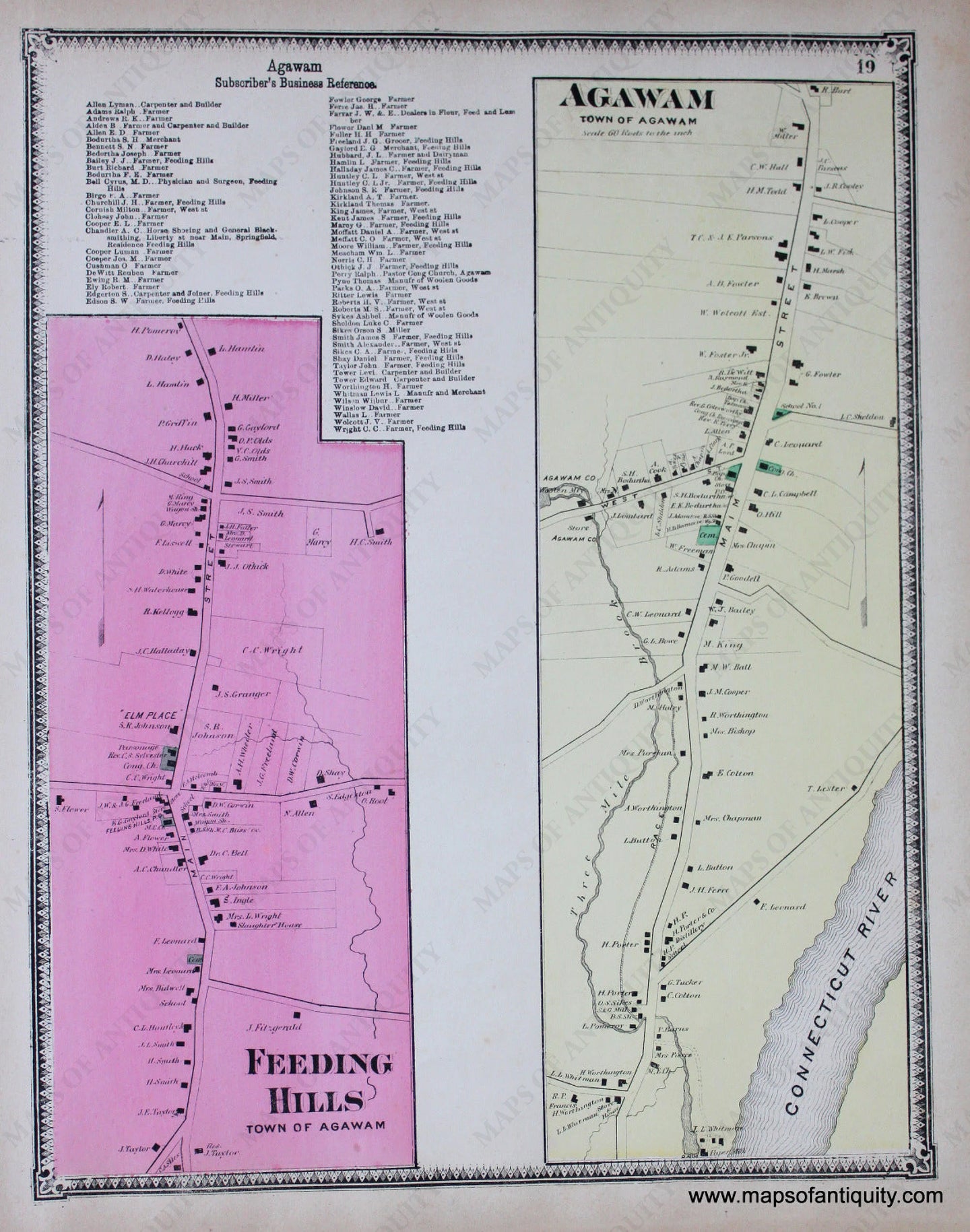 Antique-Hand-Colored-Map-Agawam-Feeding-Hills-p.-19-(MA)-Massachusetts-Hampden-County-1870-Beers-Ellis-and-Soule-Maps-Of-Antiquity