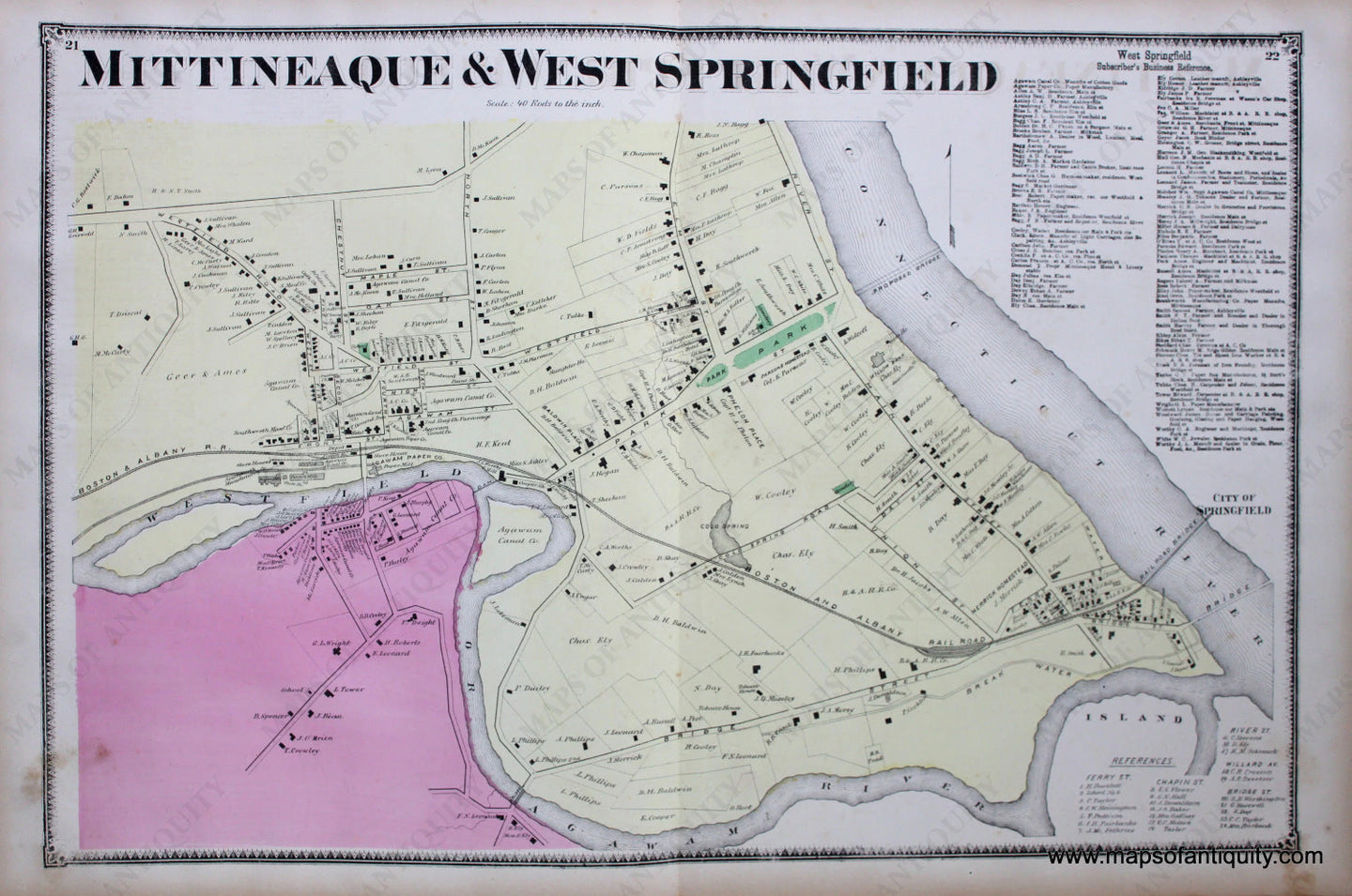 Antique-Hand-Colored-Map-Mittineaque-and-West-Springfield-(MA)-Massachusetts-Hampden-County-1870-Beers-Ellis-and-Soule-Maps-Of-Antiquity