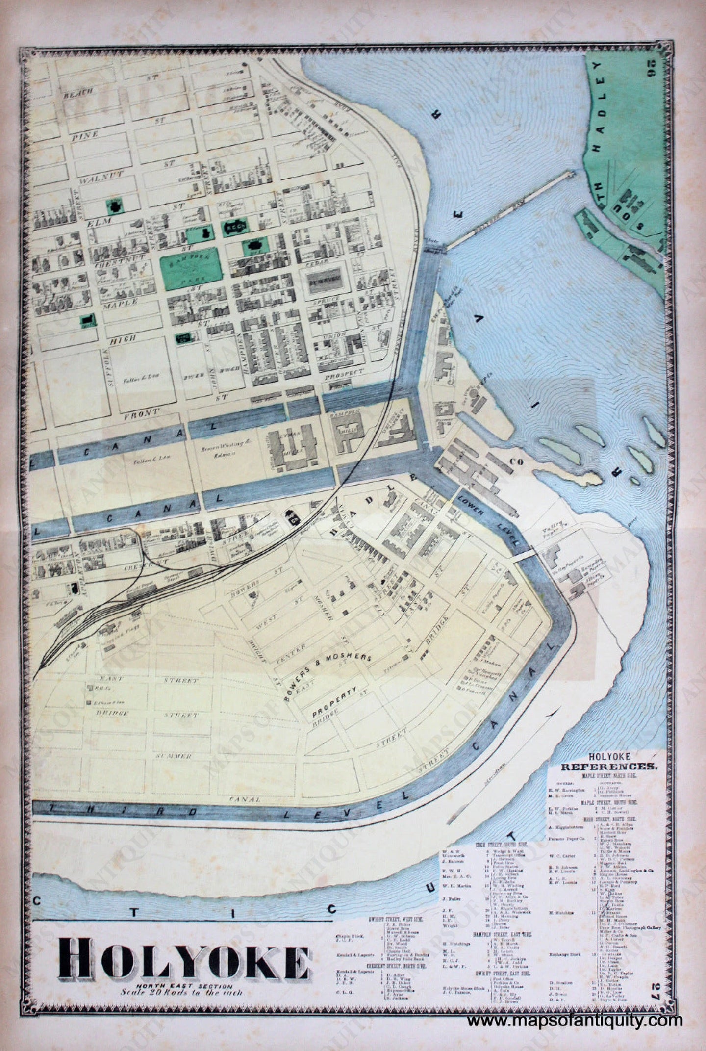 Antique-Hand-Colored-Map-Holyoke-Northeast-Section-pp.-26-27-(MA)-Massachusetts-Hampden-County-1870-Beers-Ellis-and-Soule-Maps-Of-Antiquity