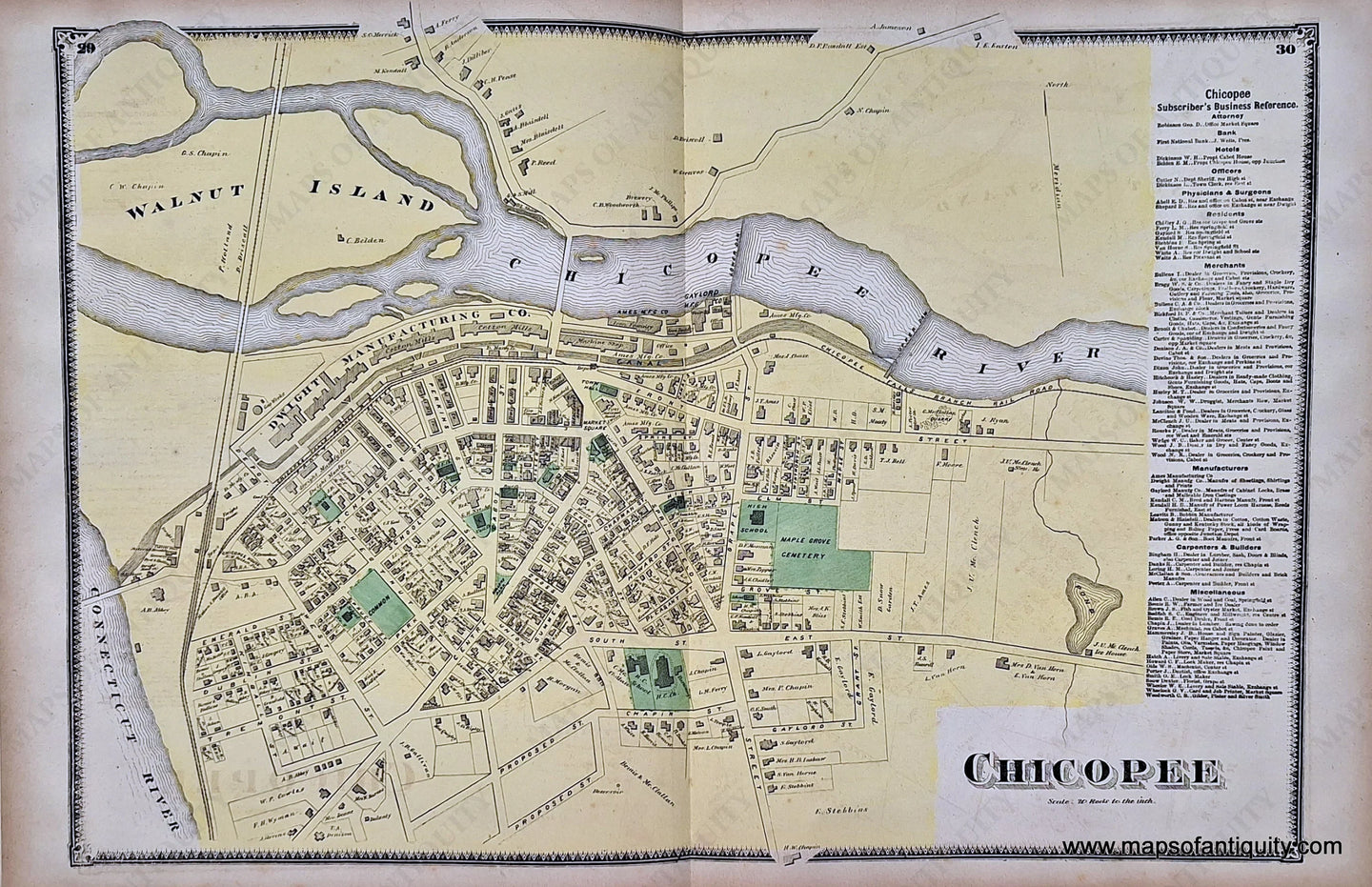 Antique-Hand-Colored-Map-Chicopee-pp.-29-30-(MA)-Massachusetts-Hampden-County-1870-Beers-Ellis-and-Soule-Maps-Of-Antiquity