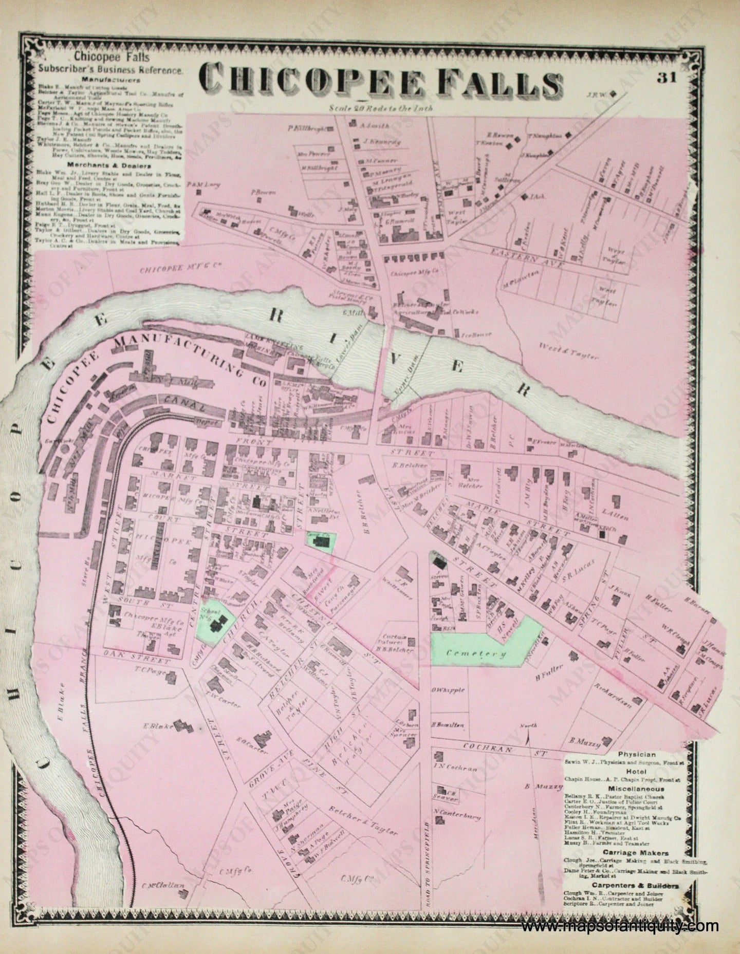 Antique-Hand-Colored-Map-Chicopee-Falls-p.-31-(MA)-Massachusetts-Hampden-County-1870-Beers-Ellis-and-Soule-Maps-Of-Antiquity