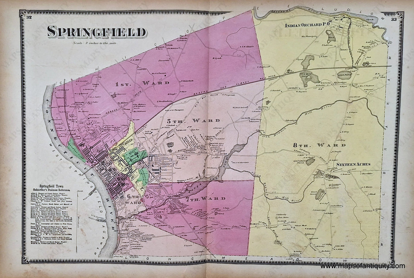 Antique-Hand-Colored-Map-Springfield-pp.-32-33-(MA)-Massachusetts-Hampden-County-1870-Beers-Ellis-and-Soule-Maps-Of-Antiquity