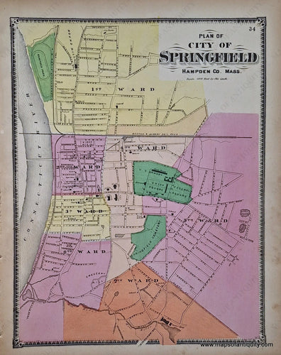 Antique-Hand-Colored-Map-Plan-of-City-of-Springfield-p.-34-(MA)-Massachusetts-Hampden-County-1870-Beers-Ellis-and-Soule-Maps-Of-Antiquity