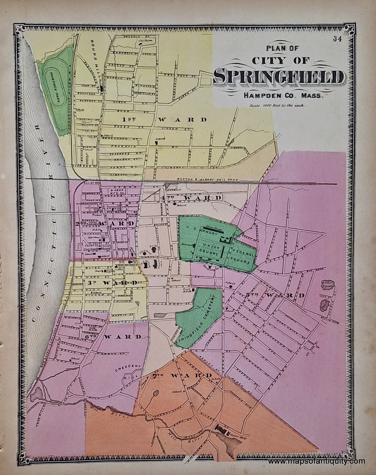 Antique-Hand-Colored-Map-Plan-of-City-of-Springfield-p.-34-(MA)-Massachusetts-Hampden-County-1870-Beers-Ellis-and-Soule-Maps-Of-Antiquity
