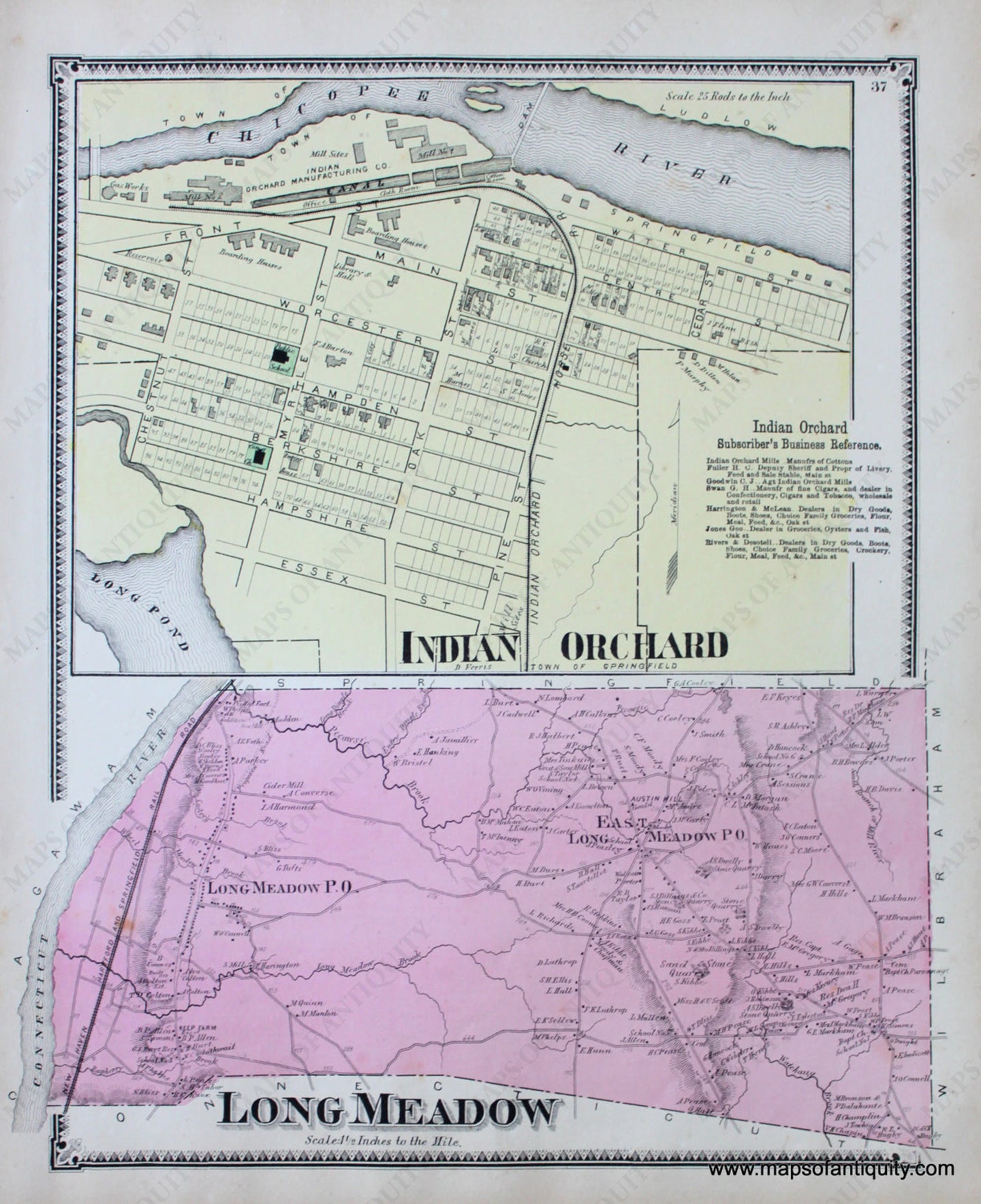 Antique-Hand-Colored-Map-Indian-Orchard-Long-Meadow-p.-37-(MA)-Massachusetts-Hampden-County-1870-Beers-Ellis-and-Soule-Maps-Of-Antiquity