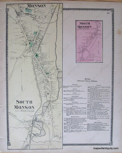 Antique-Hand-Colored-Map-Monson-South-Monson-North-Monson-p.-43-(MA)-Massachusetts-Hampden-County-1870-Beers-Ellis-and-Soule-Maps-Of-Antiquity