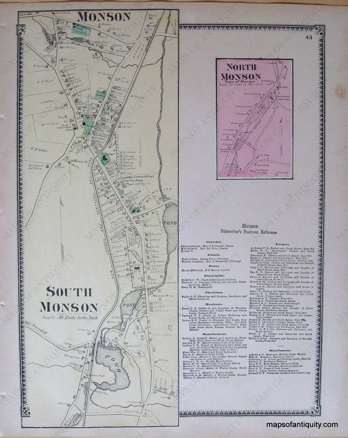 Antique-Hand-Colored-Map-Monson-South-Monson-North-Monson-p.-43-(MA)-Massachusetts-Hampden-County-1870-Beers-Ellis-and-Soule-Maps-Of-Antiquity