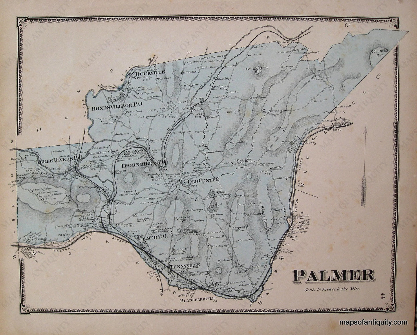 Antique-Hand-Colored-Map-Palmer-p.-44-(MA)-Massachusetts-Hampden-County-1870-Beers-Ellis-and-Soule-Maps-Of-Antiquity