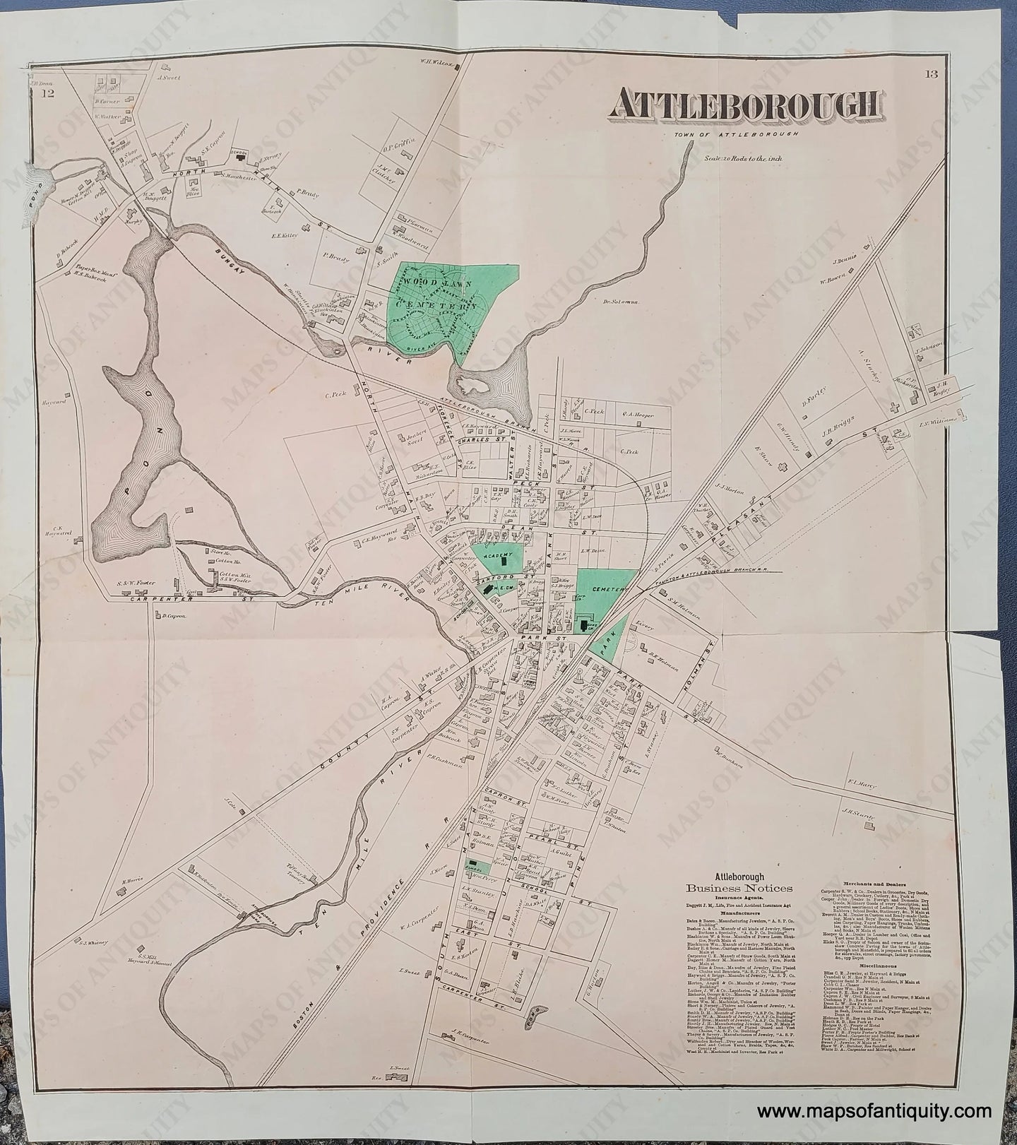 Antique-Hand-Colored-Map-Attleborough-pp.-12-13-(MA)-Massachusetts-Bristol-County-1871-Beers-Maps-Of-Antiquity