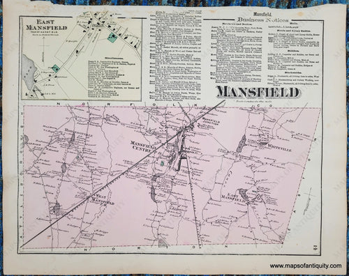 Antique map of the town of Mansfield with original hand-coloring. The town is colored in an antique tone of pink, the inset of East Mansfield is an antique yellow, and the cemeteries are green. Some of the map and text extends out of the border line and there is some loss at the paper edge.