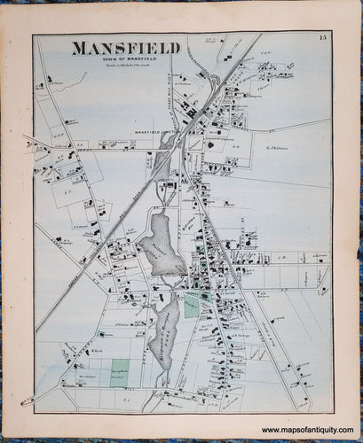 Antique map of the center of Mansfield, Massachusetts with original hand-coloring. Overall light blue color with green at cemeteries, commons, schools.