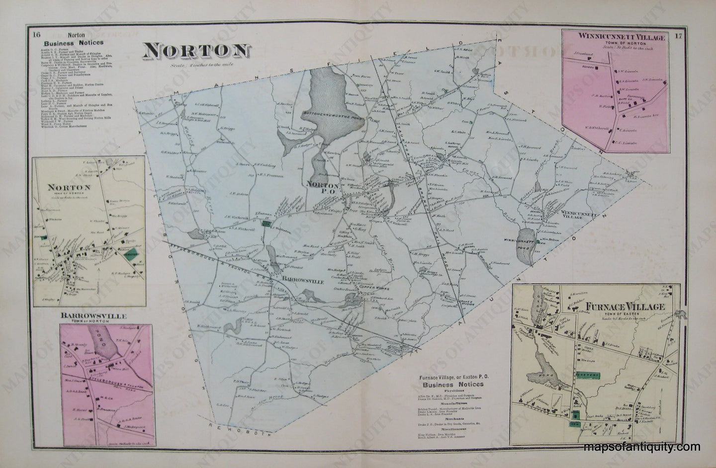 Antique-Hand-Colored-Map-Norton-Barrowsville-Winnicunnett-Village-Furnace-Village-pp.-16-17-(MA)-Massachusetts-Bristol-County-1871-Beers-Maps-Of-Antiquity