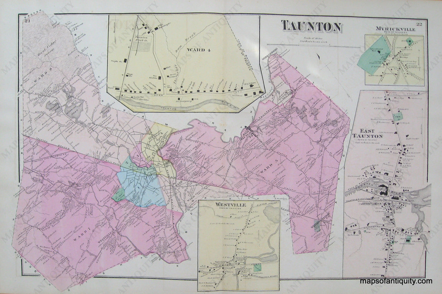 Antique-Hand-Colored-Map-Taunton-East-Taunton-Westville-Myrickville-pp.-21-22-(MA)-Massachusetts-Bristol-County-1871-Beers-Maps-Of-Antiquity