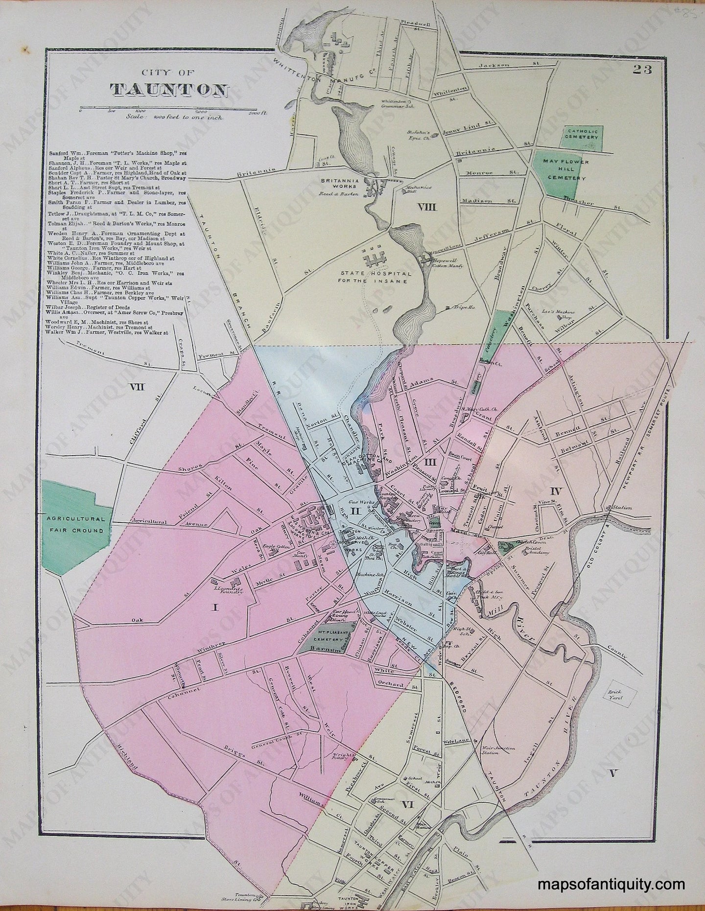 Antique-Hand-Colored-Map-City-of-Taunton-p.-23-(MA)-Massachusetts-Bristol-County-1871-Beers-Maps-Of-Antiquity