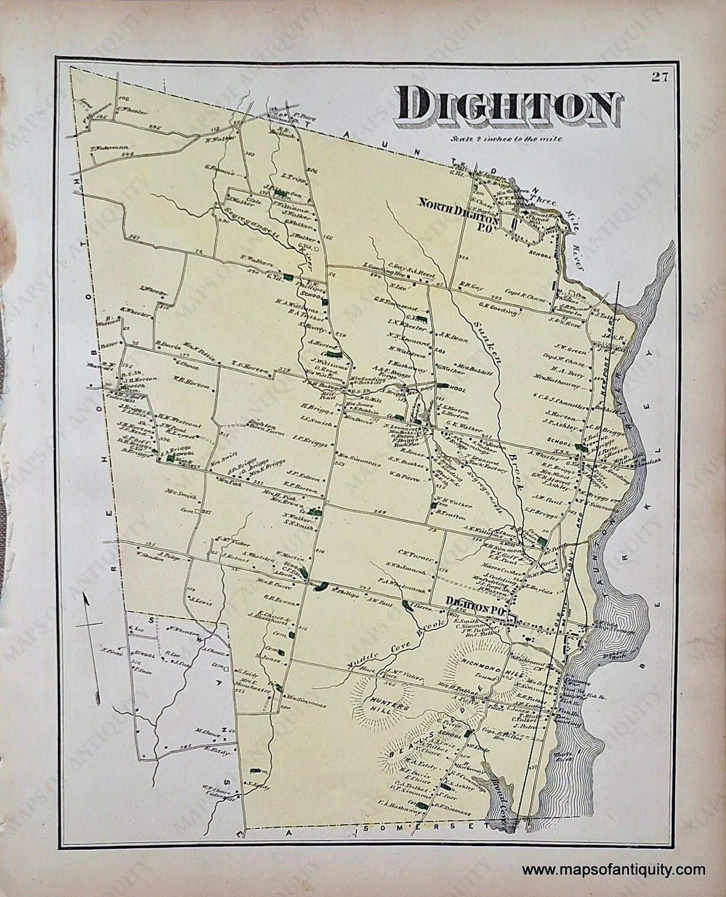 Antique-Hand-Colored-Map-Dighton-p.-27-(MA)-******-Massachusetts-Bristol-County-1871-Beers-Maps-Of-Antiquity