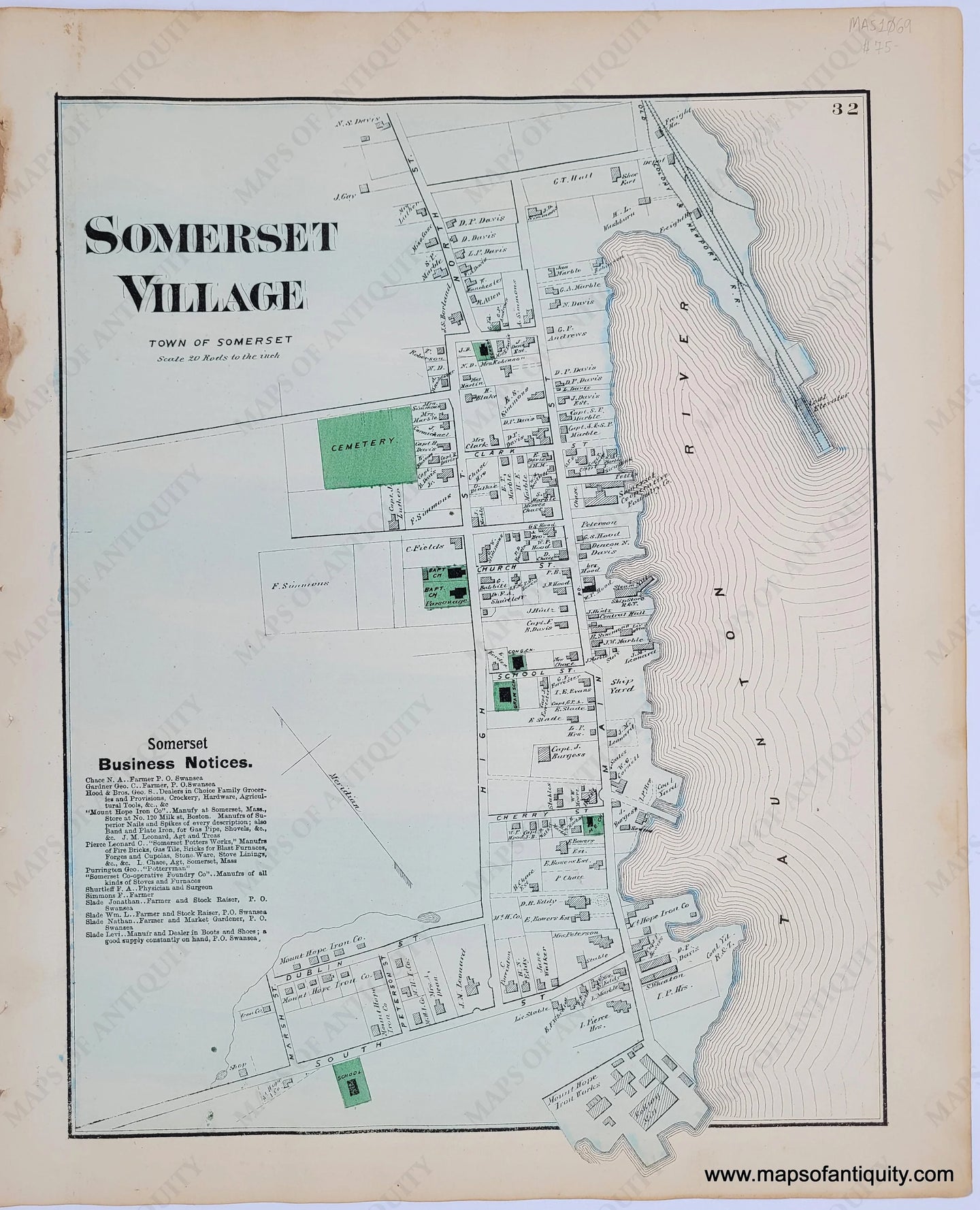 Antique-Hand-Colored-Map-Somerset-Village-p.-32-(MA)-******-Massachusetts-Bristol-County-1871-Beers-Maps-Of-Antiquity