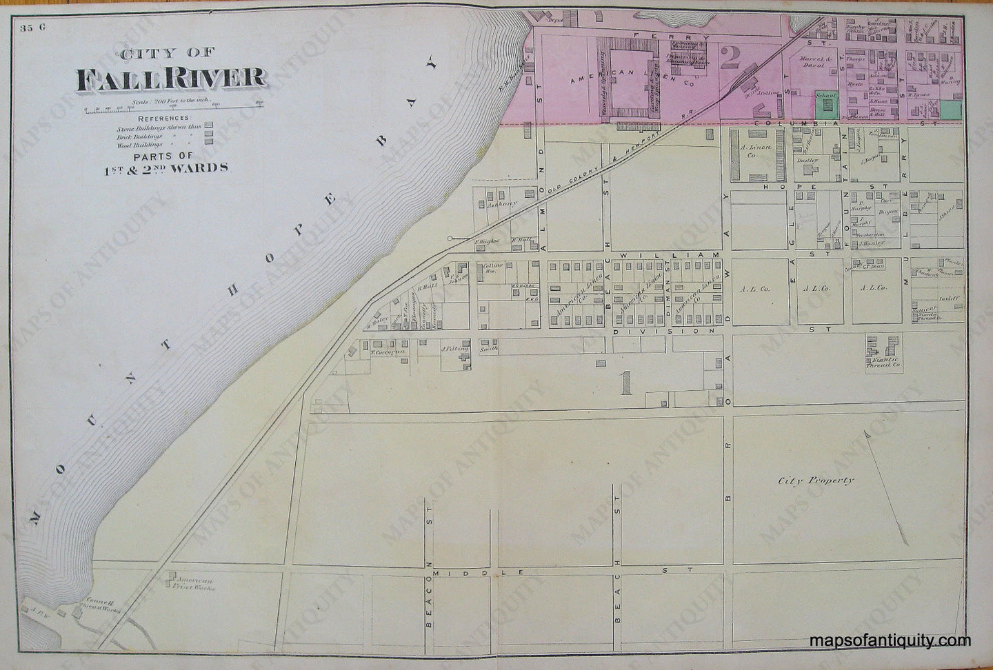 Antique-Hand-Colored-Map-City-of-Fall-River-Parts-of-1st-and-2nd-Wards-p.-35G-(MA)-Massachusetts-Bristol-County-1871-Beers-Maps-Of-Antiquity