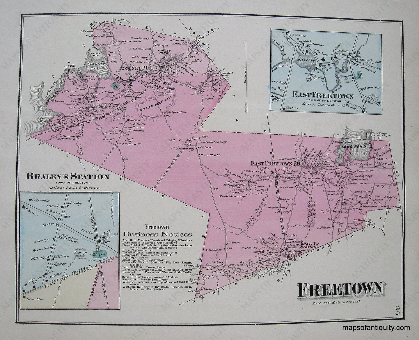 Antique-Hand-Colored-Map-Freetown-p.-36-(MA)-Massachusetts-Bristol-County-1871-Beers-Maps-Of-Antiquity