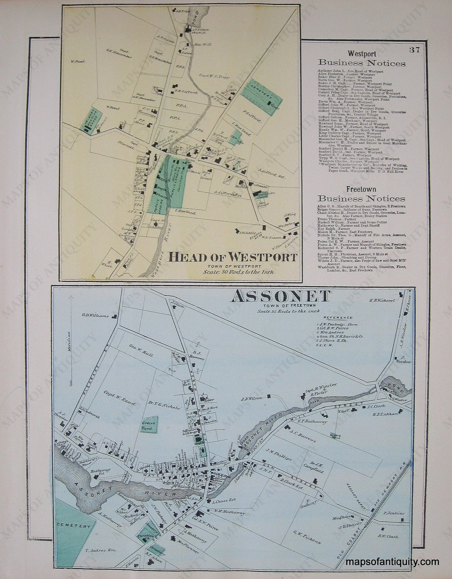 Antique-Hand-Colored-Map-Assonet-Head-of-Westport-p.-37-(MA)-Massachusetts-Bristol-County-1871-Beers-Maps-Of-Antiquity